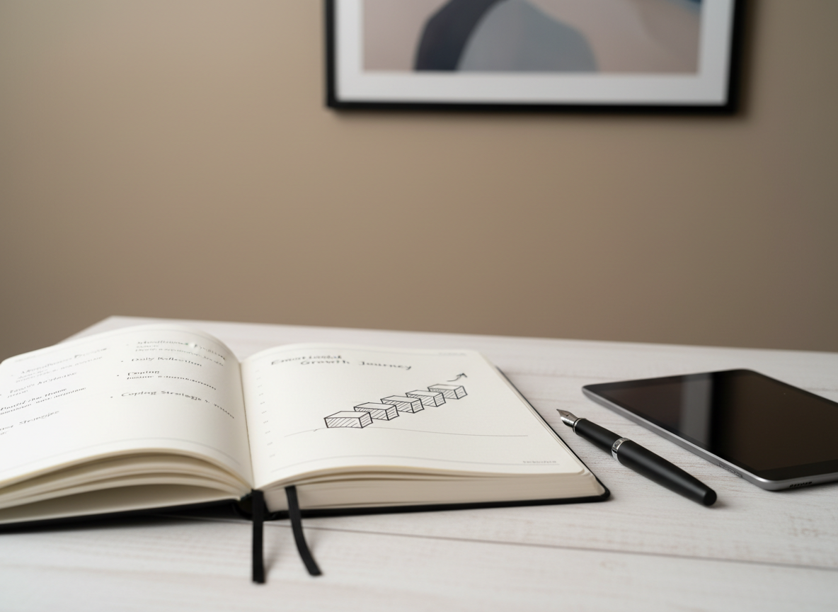 A close-up of a structured, open notebook on a pale wood table, its cream pages filled with tidy, minimal bullet points and a simple diagram representing emotional growth as ascending steps. Beside it, a matte black fountain pen rests parallel to the notebook’s edge, and a slim, closed tablet lies nearby, hinting at digital tools for online therapy. In the softly blurred background, a neutral-toned wall and a subtle abstract framed print add depth. Soft studio lighting from above and slightly to the left creates gentle highlights along the paper texture and pen, casting delicate, controlled shadows. Captured at a slight diagonal from above with shallow depth of field, the atmosphere is reflective, organized, and methodical, in a clean, modern photographic style that conveys structure and ethical care in psychotherapeutic work.