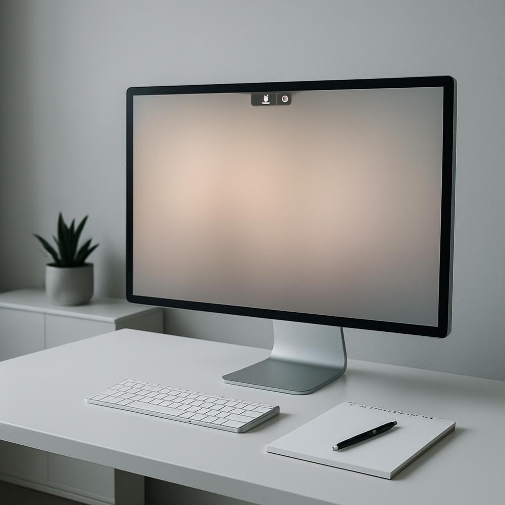 A contemporary home office set up for online psychotherapy sessions, with a large, ultra-thin monitor displaying a softly blurred neutral gradient screen, symbolizing a confidential video call. The monitor rests on a matte white desk with a slim wireless keyboard, an organized notepad with a fine black pen, and a small geometric concrete planter holding a dark green plant. The background shows a smooth light-gray wall and a low, tidy cabinet. Natural, overcast daylight from the left creates even, shadow-free illumination. Photographed from a slightly elevated angle using the rule of thirds, the composition feels balanced and spacious. The mood is calm, discrete, and professional, with photographic realism, cool neutral tones, and a clean corporate aesthetic suggesting privacy and ethical online care without showing any people.
