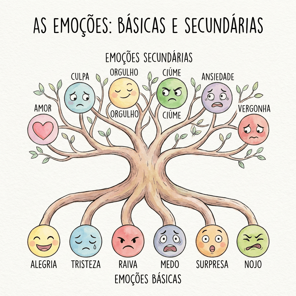 A tree diagram titled 'As Emoções: Básicas e Secundárias' showing basic emotions as roots and secondary emotions as branches.